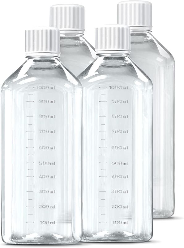 Photo 1 of 1000 ml Plastic Reagent Bottle 4-Pack Laboratory Chemical Storage - Clear Graduated Square Polycarbonate Plastic Leakproof Bottles
