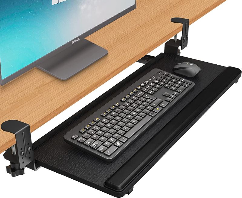 Photo 1 of EQEY Keyboard Tray Under Desk, Ergonomic Keyboard Tray Height Adjustable Pull Out Under Desk Drawer Keyboard Platforms with Wrist Support Pad Keyboard Drawer for Desk (30 x 10 inch, Black)
