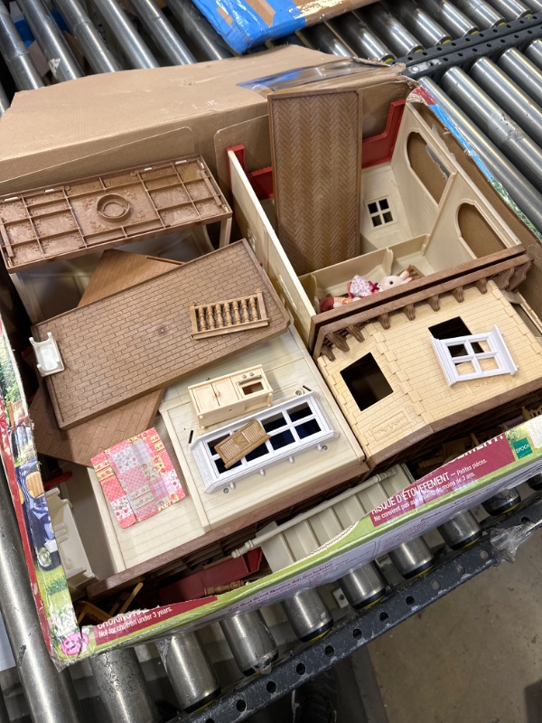 Photo 2 of Calico Critters Red Roof Grand Mansion Gift Set, Dollhouse Playset with 3 Figures, Furniture, Vehicle and Accessories-------items are very loose inside box, possibility some items are mixing 