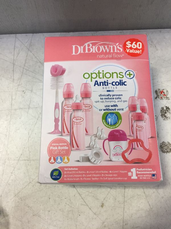 Photo 4 of Dr. Brown’s Natural Flow® Anti-Colic Options+™ Special Edition Pink Baby Bottle Gift Set with Soft Sippy Spout Transition Cup, Flexees™ Teether, Bottle Cleaning Brush and Travel Caps First Year Gift Set, Pink