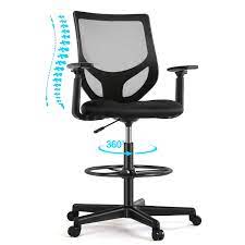 Photo 1 of Drafting Chair, Tall Office Chair with Adjustable Foot Ring and Armrest, Standing Desk Chair with Ergonomic Lumbar Support, Breathable Mesh, 360 Degree Swivel Rolling for Standing Desk
