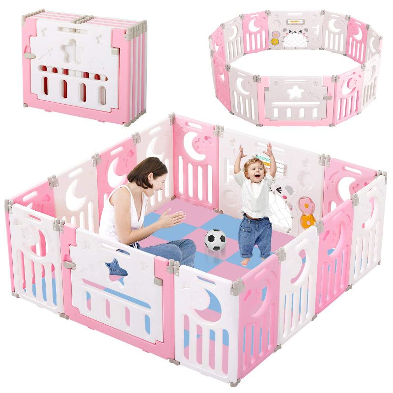 Photo 1 of Baby Playpen, Dripex Upgrade Foldable Kids Activity Centre Safety Play Yard Home Indoor Outdoor Baby Fence Play Pen NO Gaps with Gate for Baby Boys Girls Toddlers (14 Panel - Pink + White) 75 X 31 X 63CM 
