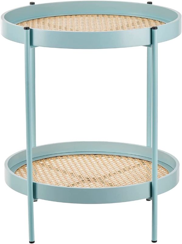 Photo 1 of ALPOME Rattan Round Metal End Table 2Tier 2layer Side Table Round Coffee Table for Sofa Living Room Bedroom BalconyTea Table Outdoor Indoor (Tiffany Blue) ( USED ITEM ) 
