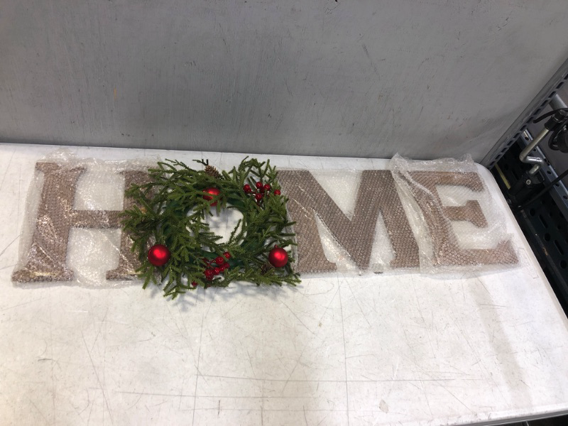 Photo 1 of SY Super Bang Home Sign Christmas Decorations, Wood Rustic Arcitifial Wreath Wall Hanging Decorations, for Home Porch Office Entryway Housewarming Indoor Holiday Decor - Gift.
