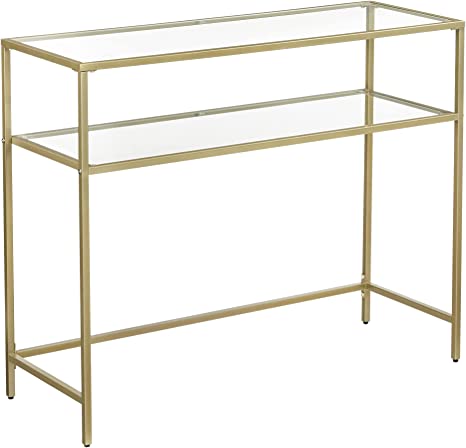 Photo 1 of 
 Console Sofa Table, Modern Entryway Table, Tempered Glass Table, Metal Frame, 2 Shelves, Adjustable Feet, for Living Room, Hallway, Gold Color ULGT025A01