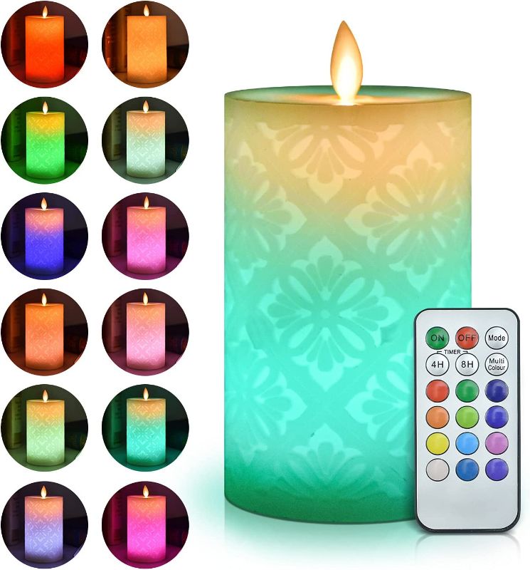 Photo 1 of ACROSS Flickering Flameless Candles, Set of 1 Real Wax Color Changing LED Pillar Candles Battery Operated Realistic 3D Dancing Flame Fake Candles with 18-Key Remote Control for Halloween Christmas
