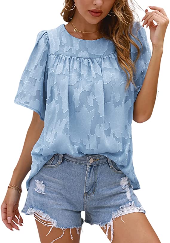 Photo 1 of evnanic Women's Short Sleeve Shirts Round Neck Lace Tunic Tops Soft Ruffle Pleated Chiffon Blouses Work Office Tops S
