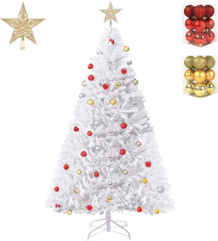 Photo 1 of 4ft Artificial Christmas Tree Lifelike Christmas Tree with Decorations and Solid Metal Stand arbol de Navidad Blanco Premium Hinged Spruce Full Tree (White-A, 4ft)
