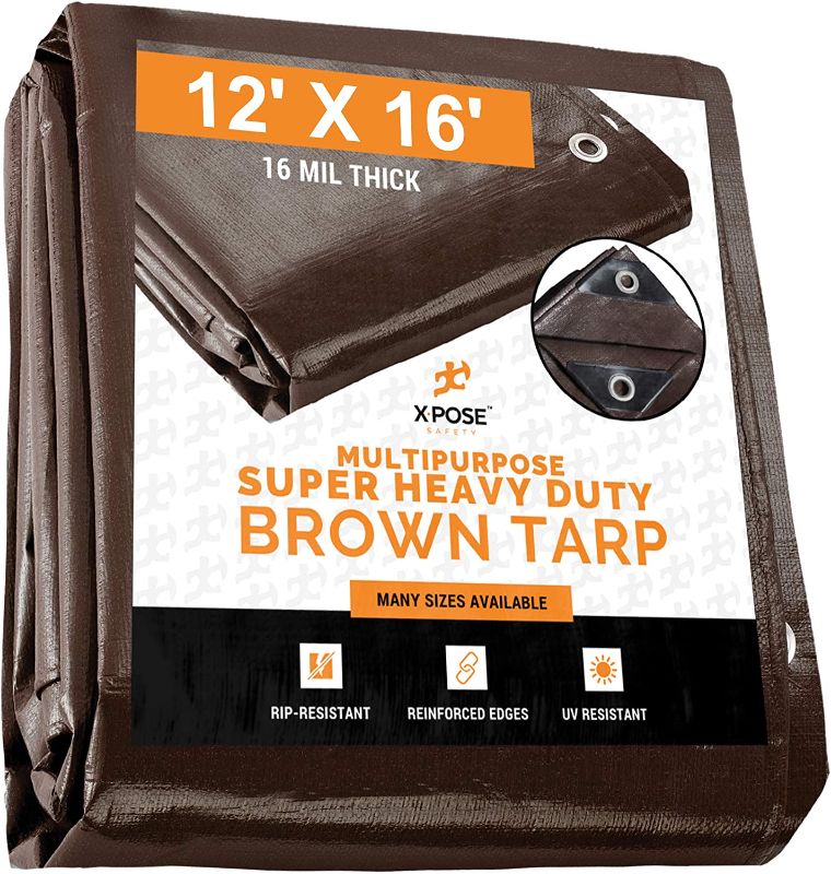 Photo 1 of 12' x 16' Super Heavy Duty 16 Mil Brown Poly Tarp Cover - Thick Waterproof, UV Resistant, Rip and Tear Proof Tarpaulin with Grommets and Reinforced Edges - by Xpose Safety
