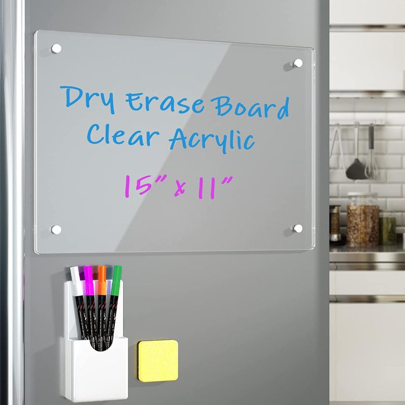 Photo 1 of Acrylic Note Board Refrigerator Dry Erase Board Magnetic Clear 15”x11" Includes 4 Dry Erase Markers
