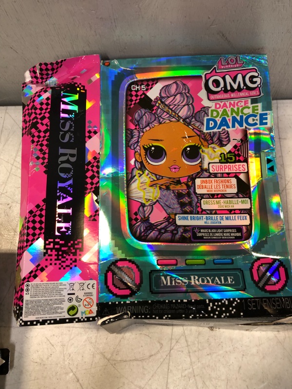 Photo 3 of LOL Surprise OMG Dance Dance Dance Miss Royale Fashion Doll with 15 Surprises Including Magic Black Light, Shoes, Hair Brush, Doll Stand and TV Package - Great Gift for Girls Ages 4+
BOX IS DAMAGED