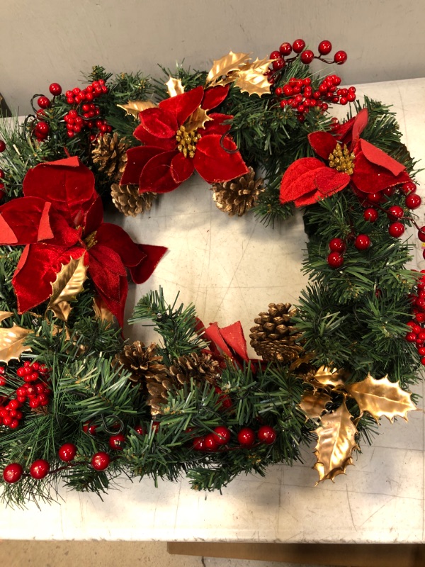 Photo 2 of 24 IN Christmas-Wreath,Christmas-Wreaths-for-Front-Door,Pre-Lit-Christmas-Decorations Door Wreath, Poinsettia Flowers,Artificial Indoor/Outdoor Home Decor Gift Wreath for Door Mantel