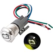 Photo 1 of 19 mm Momentary Metal Push Button Switch Ball Head Button with Yellow Light Battery Symbol 5 Pins Waterproof Reset Switch 12V 24V with Wire Socket
