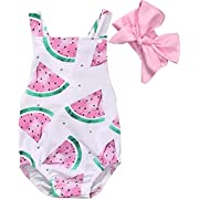 Photo 1 of Baby Girl One Piece Outfits Newborn Bodysuit Sleeveless Romper Watermelon Print Backless Ruffle Clothes with Headband SIZE 100
