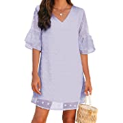 Photo 1 of BELONGSCI Women's Dress Sweet & Cute V-Neck Ruffle Bell Sleeve Swiss Dot Shift Dress Mini Dress XL
