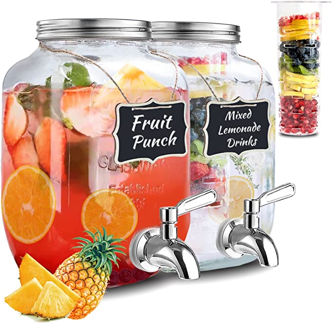 Photo 1 of 1 Gallon Glass Drink Dispensers for Parties With Fruit Infuser,Marker,Chalkboard,2 Pack Beverage Dispensers With Spigot Stainless Steel,Mason Jar Drink Dispensers With Lids,Laundry Detergent Dispenser  * FACTORY SEALED 
