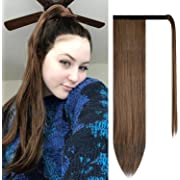 Photo 1 of BARSDAR 24 inch Ponytail Extension Long Straight Wrap Around Clip in Synthetic Fiber Hair for Women - Darkest Brown mix Auburn Evenly
