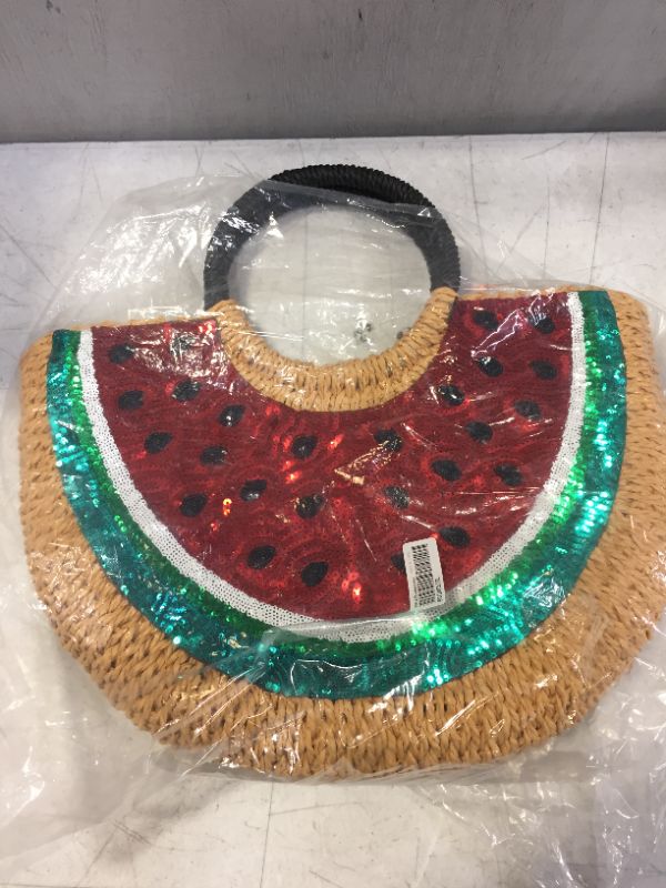 Photo 2 of Semi-circle Rattan Straw Handbags, Hand-woven Summer Watermelon Beach Straw Bag with Sequin for Women
