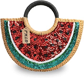 Photo 1 of Semi-circle Rattan Straw Handbags, Hand-woven Summer Watermelon Beach Straw Bag with Sequin for Women
