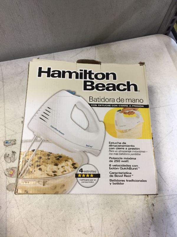 Photo 2 of Hamilton Beach 6-Speed Electric Hand Mixer with Whisk, Traditional Beaters, Snap-On Storage Case, White (DAMAGED BOX BUT ITEM IS STILL NEW)