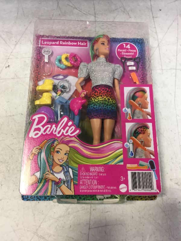 Photo 2 of Barbie Leopard Rainbow Hair Doll (Blonde) with Color-Change Hair Feature, 16 Hair & Fashion Play Accessories Including Scrunchies, Brush, Fashion Tops, Cat Ears, Cat Purse & More
