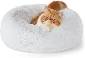 Photo 1 of Bedsure Calming Dog Bed for Small Dogs - Donut Washable Small Pet Bed, 23 inches Anti Anxiety Round Fluffy Plush Faux Fur Cat Bed, Fits up to 25 lbs Pets, Frost Grey
