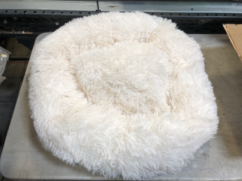 Photo 2 of Bedsure Calming Dog Bed for Small Dogs - Donut Washable Small Pet Bed, 23 inches Anti Anxiety Round Fluffy Plush Faux Fur Cat Bed, Fits up to 25 lbs Pets, Frost Grey

