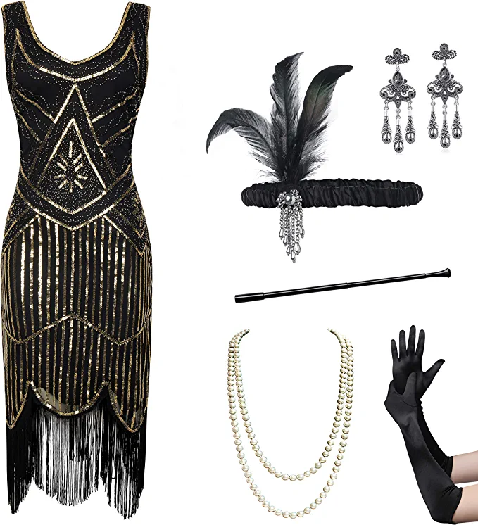 Photo 1 of Coucoland Womens 1920s Flapper Sequin Beads Dress with Roaring 20s Gatsby Accessories Set for Party
, SIZE L