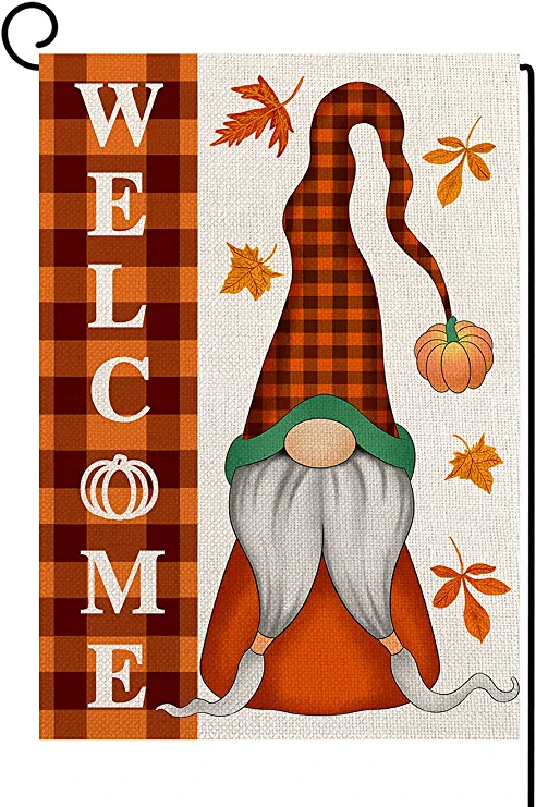 Photo 1 of Bravilan Welcome Fall Gnome Garden Flag Vertical Double Sided Buffalo Plaid Gnome Pumpkin Burlap Flag, Autumn Thanksgiving Farmhouse Yard Outdoor Decoration 12.5 x 18 Inch
