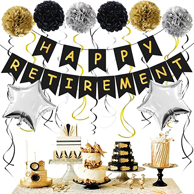 Photo 1 of 2 COUNT OF Retirement Party Decorations - Retirement Party Supplies with Happy Retirement Banner Decorations, Paper Pom Flowers, Sparkling Hanging Swirls and Star Shape Foil Balloons for Women & Men Black and Gold Retirement Party Supplies
