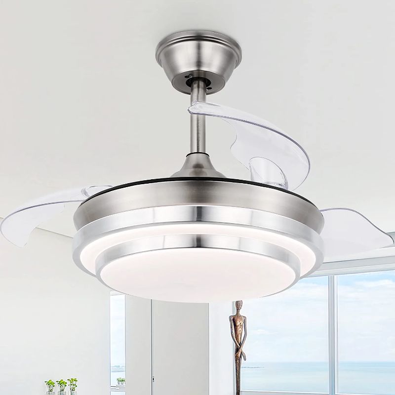 Photo 1 of Dawn Whisper 36 Inch Retractable Ceiling Fan with Lights and Remote Control, Modern Ceiling Fan with Retractable Blades, DC Motor, 6 Speed, 3 Light Color Change, 3 Timing Options Brushed Nickel  ( USED ITEM )
