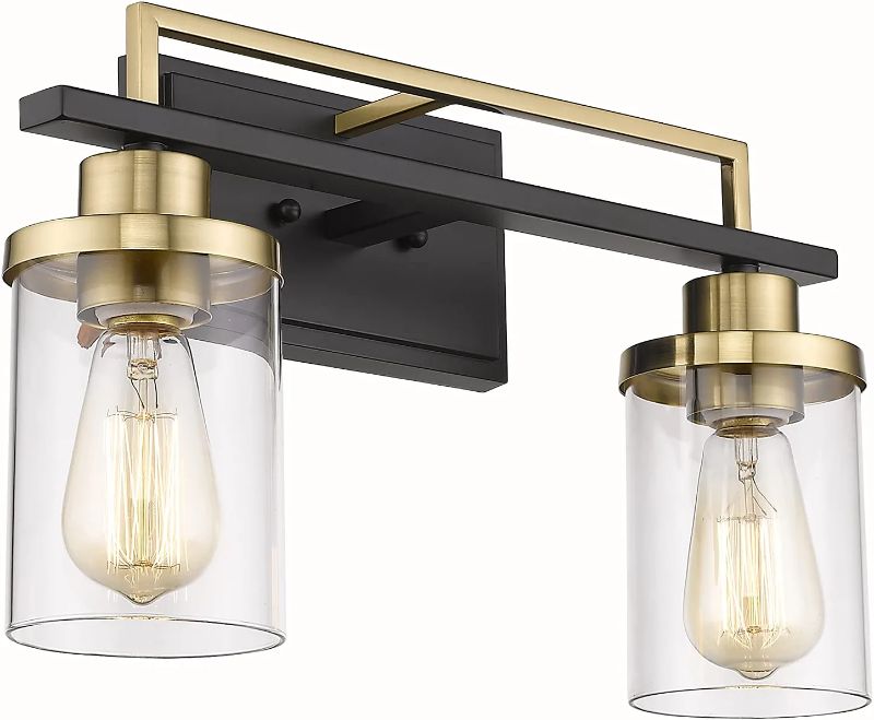 Photo 1 of Emliviar 2-Light Gold Bathroom Light Fixtures - Vanity Light in Black and Gold Finish with Clear Glass, YCE238B-2W BK+BG
Dimension: 16.7" x 5.9" x 10"(L x W x H); Back Plate: 7.9" x 4.5"(L x H)
