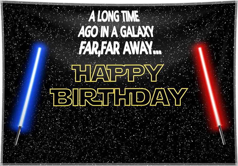Photo 1 of Allenjoy 68x45inch Durable Fabric Galaxy Birthday Backdrop Star Black Sky Universe Photography Background Kids Boy Party Supplies Blue and Red Lightsaber Decoration War Theme Banner Photo Gift Idea
