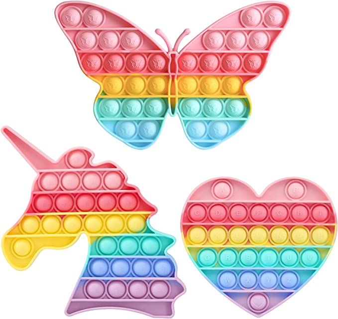 Photo 1 of HiUnicorn Pop Butterfly Girls Toys - 3 Pack Easter Basket Stuffers Fidget Gifts for Kids, Unicorn Push Bubbles Popping Pink Rainbow Sensory Heart Alphabet Letters Learning Classroom Game Toy
