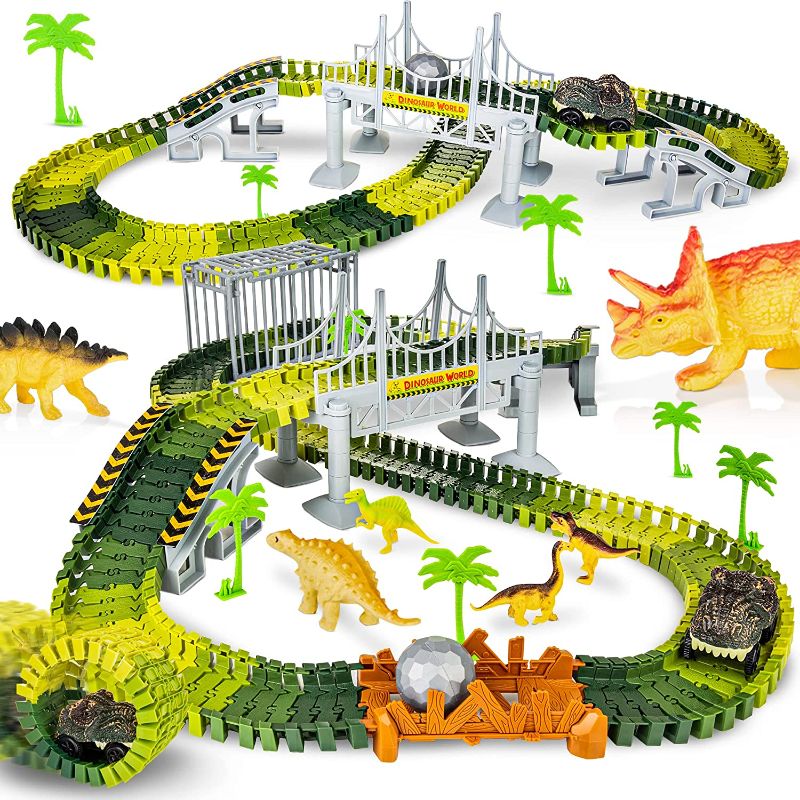 Photo 1 of Batlofty Dinosaur Toys Race Track, Flexible Track Playset, Create A Dinosaur World Road Race with 1 Dinosaur Car and 6 Dinosaur Toys for 3 4 5 6 7 Year Old Boys Girls Birthday Gifts
