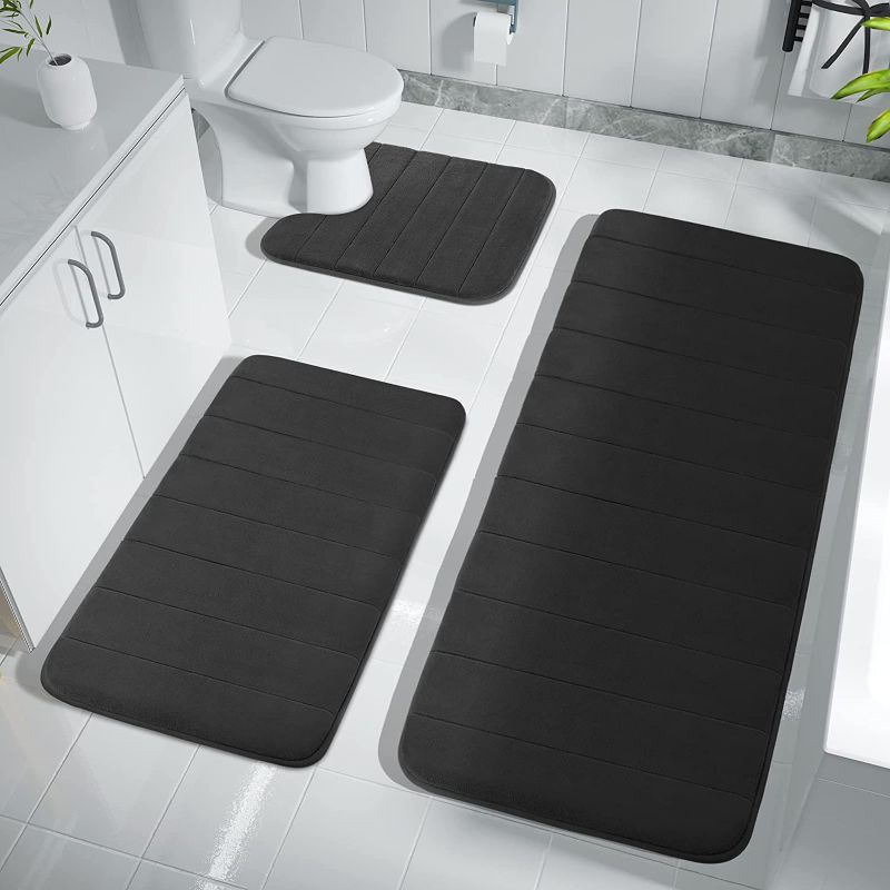 Photo 1 of Yimobra 3 Pieces Memory Foam Bath Mat Sets, 44.1x24 + 31.5x19.8 and U-Shaped for Bathroom Rugs, Toilet Mats, Non-Slip, Soft Comfortable, Water Absorption, Machine Washable, Black
