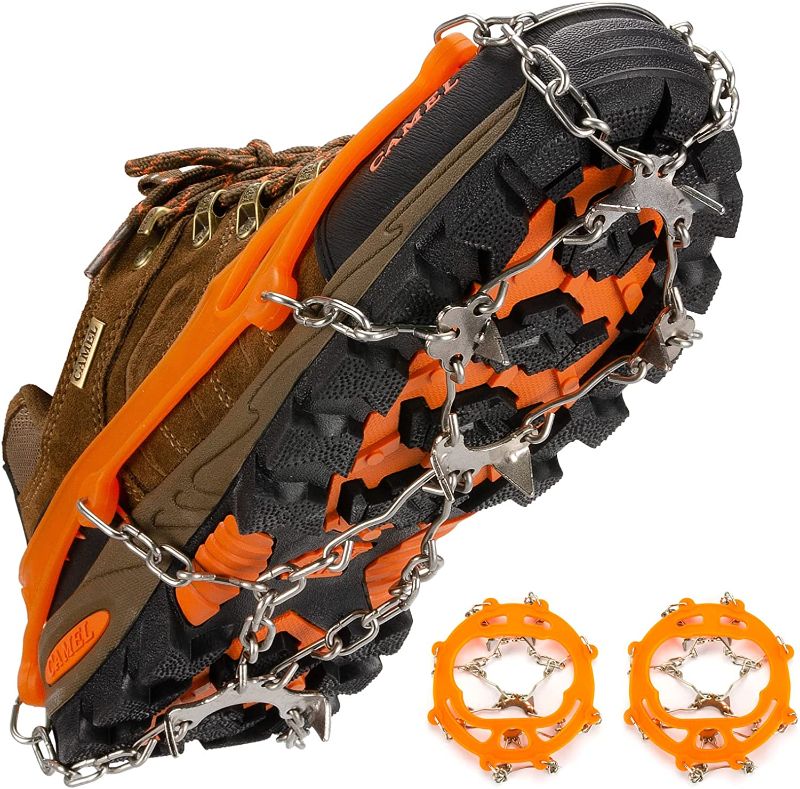Photo 1 of Crampons, Crampons for Hiking Boots, Anti-Slip Ice Cleats with 8 Spikes, Stainless Steel Snow Grips for Boots & Shoes, Safe Protect for Hiking, Climbing, Fishing, Walking, Mountaineering (Orange)
