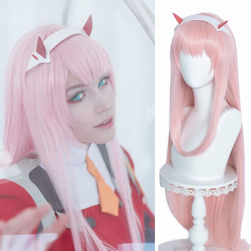 Photo 1 of KEEPLADY Pink Wig Long Straight Anime Cosplay Costume Wig with Horn
