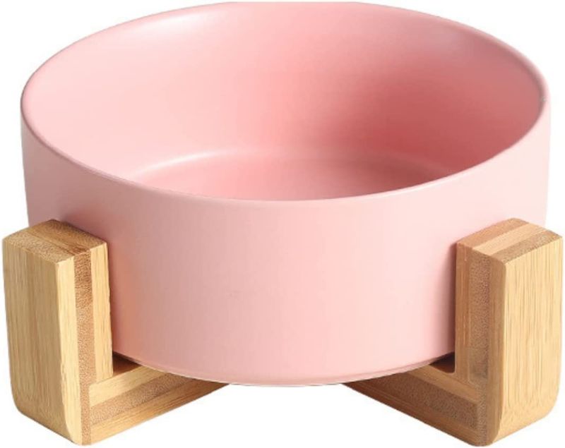 Photo 1 of 29oz Ceramic Dog Bowl, Cat Bowl for Food and Water Round-Shaped Comfortable Cat Food Bowl with Non-Slip Stand, Elevated Raised Dog Bowls and Cat Bowls for Eating and Drinking(Pink) ** STAND NOT INCLUDED ; SLIGHTLY USED BUT LOOKS GOOD AS NEW 
