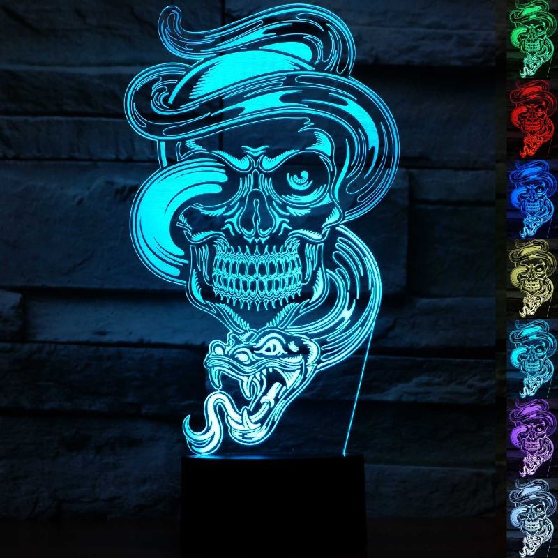 Photo 1 of 3D Illusion Ghost Skull Night Light Lamp,7 Colors Gradual Changing Touch Switch USB Table Lamp for Halloween Gifts or Home Decor.
