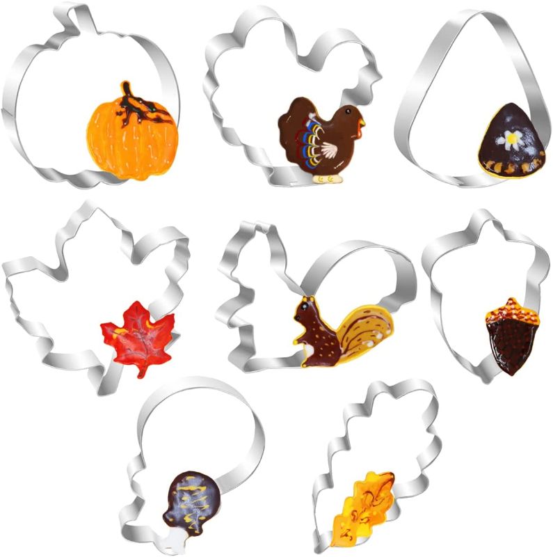 Photo 1 of 8Pcs Fall Thanksgiving Cookie Cutters Set, Stainless Steel Biscuit Cutters - Pumpkin, Turkey, Maple Leaf, Oak Leaf, Squirrel, Candy Corn, Acorn and Chicken Leg Shaped Metal Molds for Thanksgiving ** FACTORY SEALED 2 SETS 