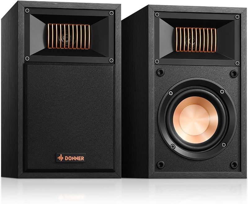 Photo 1 of Donner Passive Bookshelf Speakers Pair, 2-Way Stereo Speakers for Home Theater/Surround Sound Speaker System with HiFi Vocal, 40W RMS 4 inch Wall Mount Wooden Speakers, Black ** ITEMS FACTORY SEALED 
