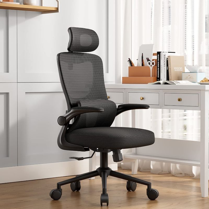 Photo 1 of Office Chair Height-Adjustable Ergonomic Desk Chair with Self-Adaptive Lumbar Support, Breathable Mesh Computer Chair High Back Swivel Task Chair with Adjustable Headrest and Flip-up Armrests - Black ** USED MINOR DAMAGE / SCRATCH ** ** MISSING PCS UNKNOW