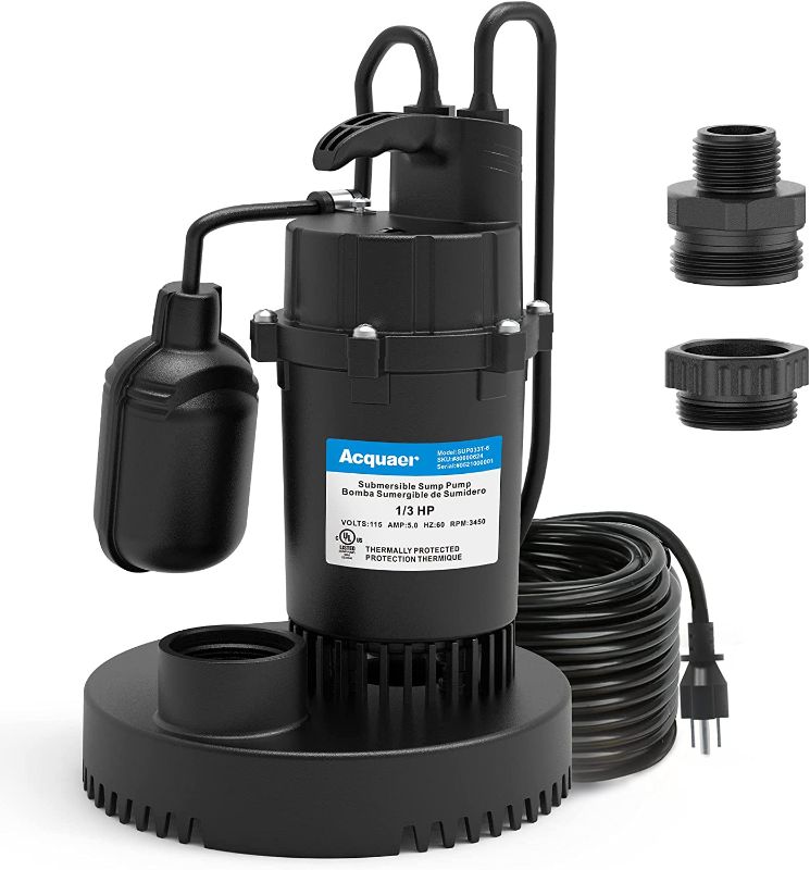 Photo 1 of Acquaer 1/3HP Sump Pump, 3040GPH Submersible Clean/Dirty Water Pump with Automatic Float Switch and 10ft Power Cord Sub Pump for Basement, Pool, Pond, Drain, Flooded Cellar, Aquarium and Irrigation
