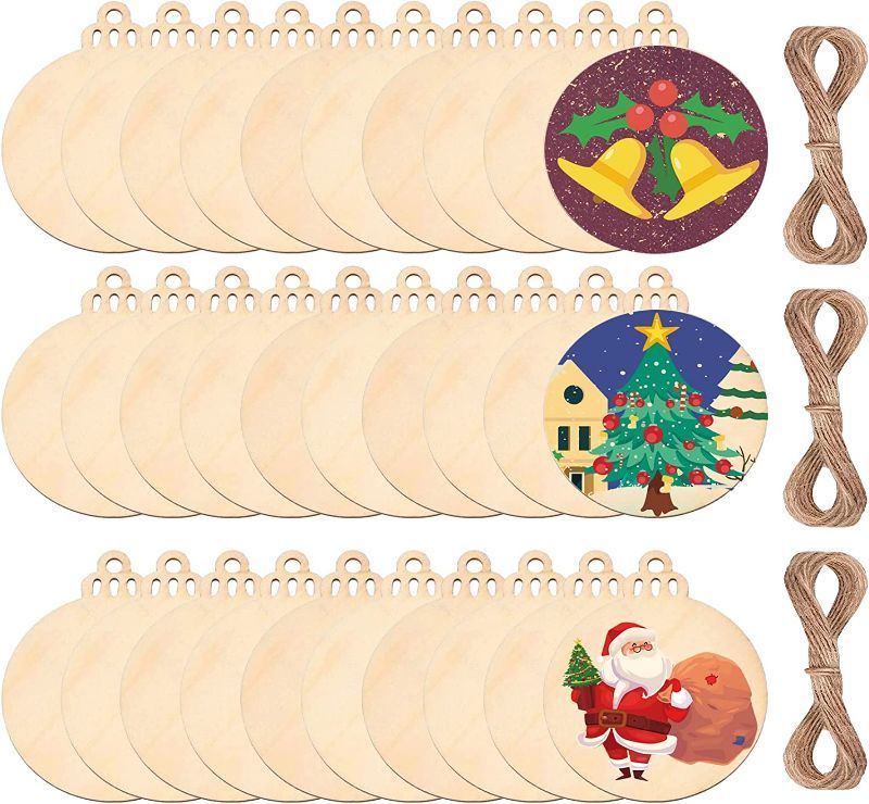 Photo 1 of 120PCS WOOD SLICES 3 INCH Wooden Christmas Ornaments,Unfinished Predrilled Wood Circles for Crafts Centerpieces,DIY Round Wooden Discs Hanging Decorations