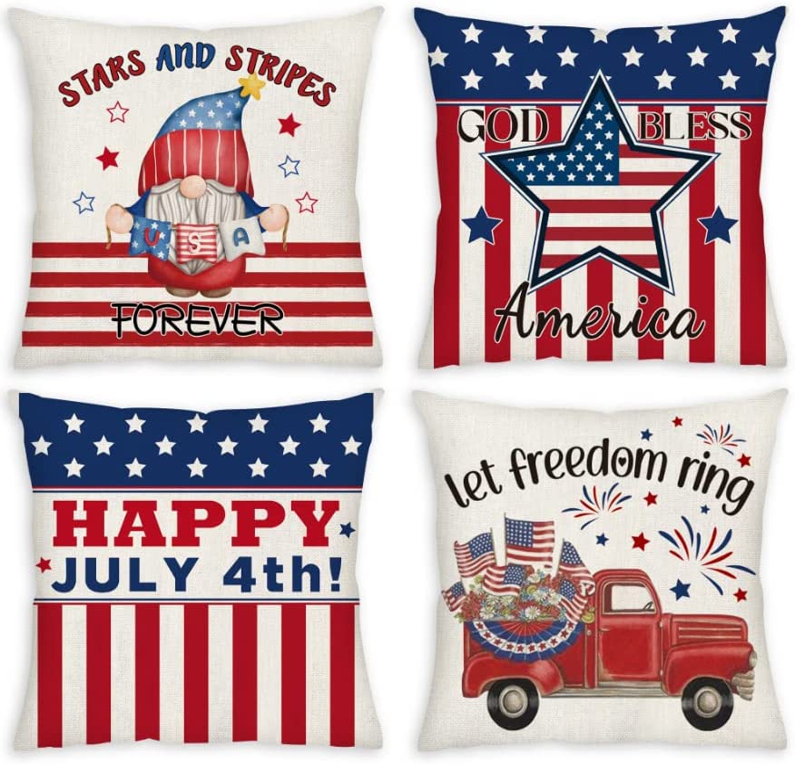 Photo 1 of  4th of July Pillow Covers 18x18 Set of 4, Gnomes Truck Memorial Day America Flag Stars and Stripes Patriotic Throw Pillow Covers, Holiday Independence...
