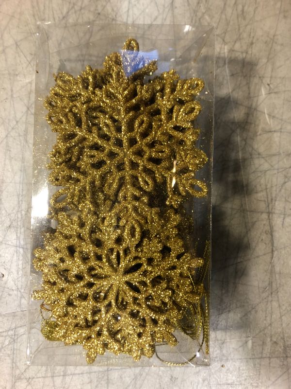Photo 2 of 36pcs Gold Glitter Snowflake Ornaments Christmas Tree Decorations, 4 Inch Plastic Snowflake Hanging Decorations Christmas Tree Ornaments for Winter Wonderland Holiday Party