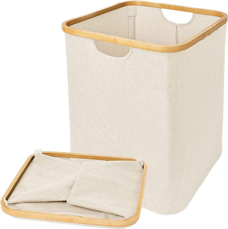 Photo 1 of 72L Capacity Foldable Large Laundry Basket - Clothes Hamper with Bamboo Handles, Laundry Hamper for Clothes, Blankets, Toys Organizer, Dorm Room Essentials
