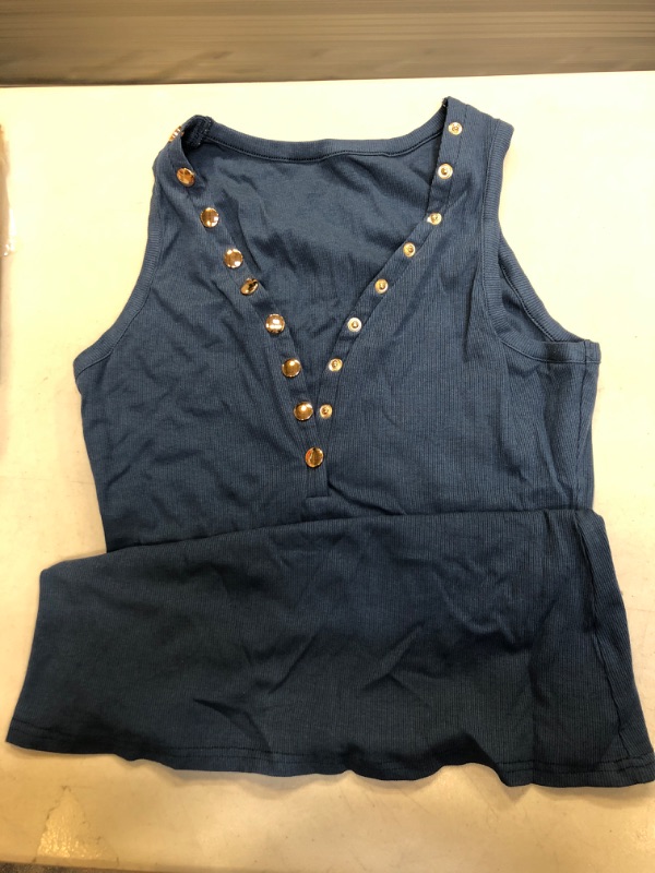 Photo 1 of Jauoop Womens V Neck Tank Tops Summer Ribbed Sleeveless Henley Shirts Sexy Low Cut Button Down Cami Knit Tees 0-button-blue X-Large ** SHIRT ONLY 
