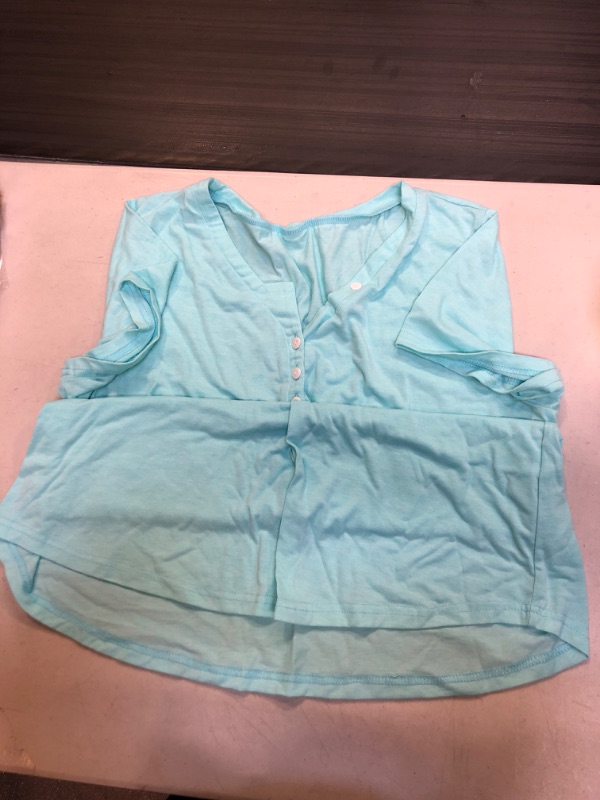 Photo 2 of Womens Plus Size Short Sleeve Henley Tops Summer Sexy V Neck T-Shirts Casual Loose Button Up T Shirts 01- LIGHT BLUE SIZE IS UNKNOWN BUT SEEMS LIKE A LARGE